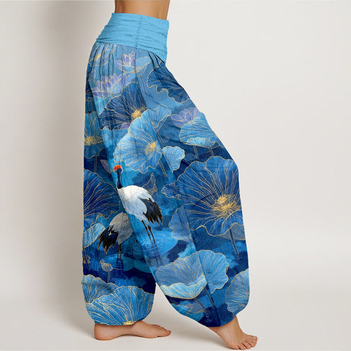 Buddha Stones Pantalon harem pour femme en pur coton, élégant, à taille élastique et motif de grue, fleur de lotus et feuille. - image 10