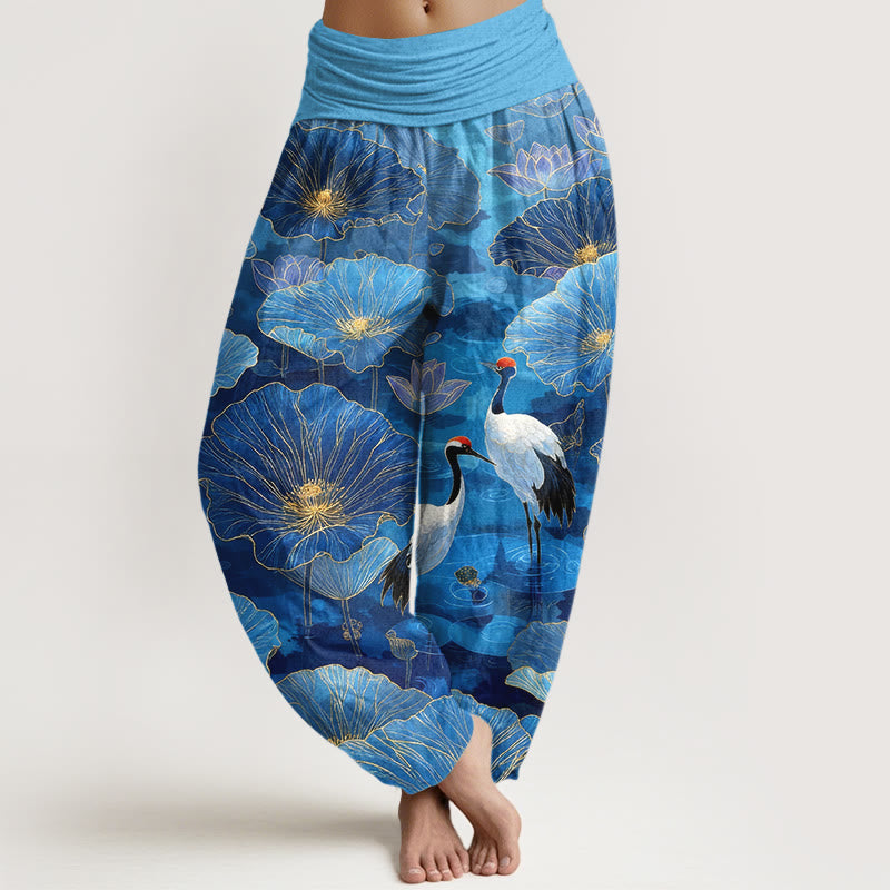 Buddha Stones Pantalon harem pour femme en pur coton, élégant, à taille élastique et motif de grue, fleur de lotus et feuille. - Bleu ciel profond - US16，UK/AU20，EU48 (3XL) - image 8