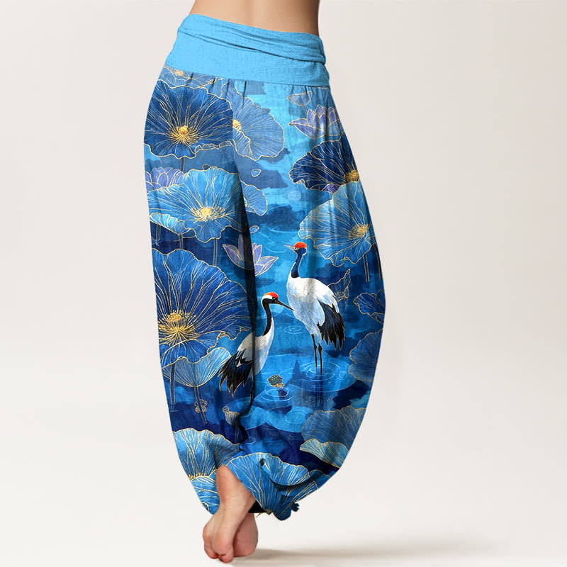 Buddha Stones Pantalon harem pour femme en pur coton, élégant, à taille élastique et motif de grue, fleur de lotus et feuille. - image 9