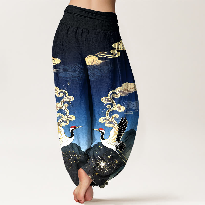 Buddha Stones Pantalon harem pour femme en pur coton, motif montagne et grue colorée, taille élastique - image 1