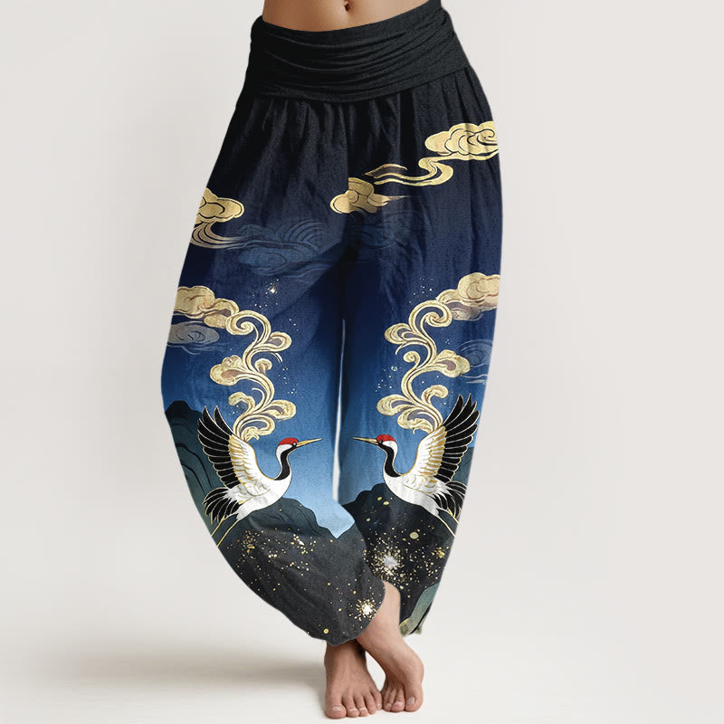 Buddha Stones Pantalon harem pour femme en pur coton, motif montagne et grue colorée, taille élastique - Bleu foncé - US16，UK/AU20，EU48 (3XL) - image 0