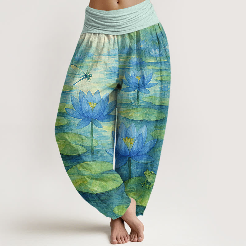 Buddha Stones Pantalon harem pour femme en pur coton, frais et élégant, à motif de fleur de lotus, feuille de lotus, libellule et grenouille, taille élastique. - Turquoise pâle - US16，UK/AU20，EU48 (3XL) - image 0