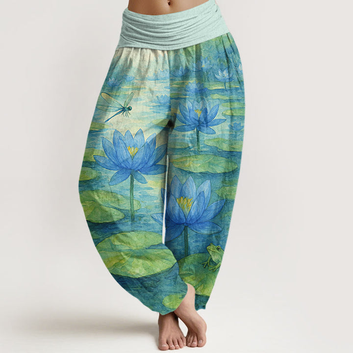 Buddha Stones Pantalon harem pour femme en pur coton, frais et élégant, à motif de fleur de lotus, feuille de lotus, libellule et grenouille, taille élastique. - Turquoise pâle - US16，UK/AU20，EU48 (3XL) - image 0