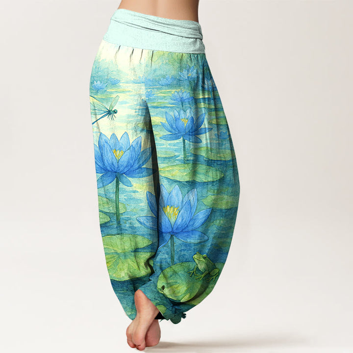 Buddha Stones Pantalon harem pour femme en pur coton, frais et élégant, à motif de fleur de lotus, feuille de lotus, libellule et grenouille, taille élastique. - image 1