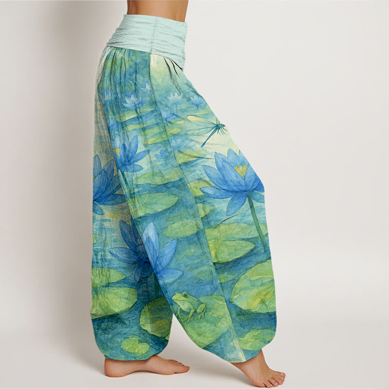 Buddha Stones Pantalon harem pour femme en pur coton, frais et élégant, à motif de fleur de lotus, feuille de lotus, libellule et grenouille, taille élastique. - image 2