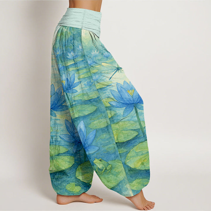 Buddha Stones Pantalon harem pour femme en pur coton, frais et élégant, à motif de fleur de lotus, feuille de lotus, libellule et grenouille, taille élastique. - image 2