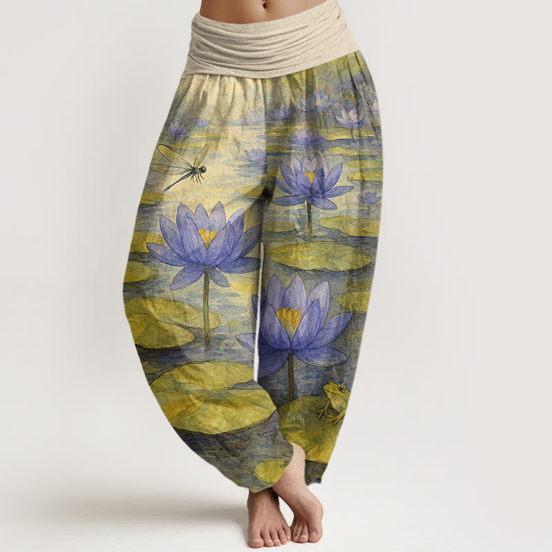 Buddha Stones Pantalon harem pour femme en pur coton, frais et élégant, à motif de fleur de lotus, feuille de lotus, libellule et grenouille, taille élastique. - LemonChiffon - US16，UK/AU20，EU48 (3XL) - image 5