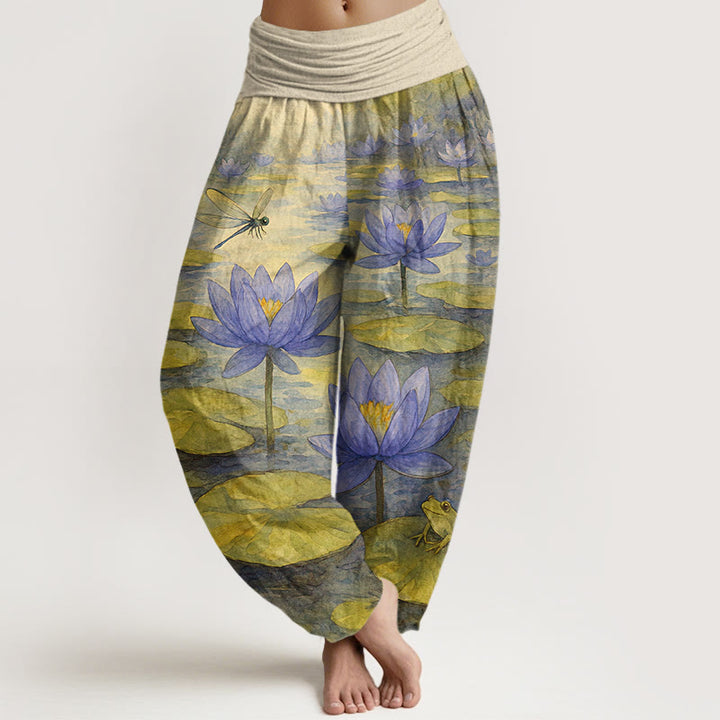 Buddha Stones Pantalon harem pour femme en pur coton, frais et élégant, à motif de fleur de lotus, feuille de lotus, libellule et grenouille, taille élastique. - LemonChiffon - US16，UK/AU20，EU48 (3XL) - image 5