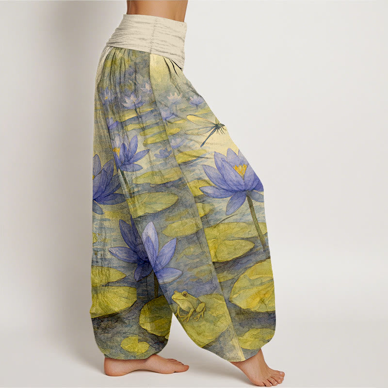 Buddha Stones Pantalon harem pour femme en pur coton, frais et élégant, à motif de fleur de lotus, feuille de lotus, libellule et grenouille, taille élastique. - image 7