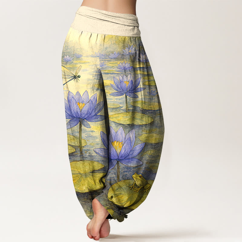 Buddha Stones Pantalon harem pour femme en pur coton, frais et élégant, à motif de fleur de lotus, feuille de lotus, libellule et grenouille, taille élastique. - image 6