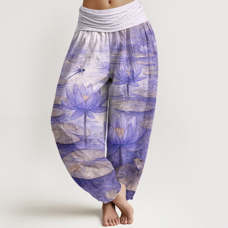 Buddha Stones Pantalon harem pour femme en pur coton, frais et élégant, à motif de fleur de lotus, feuille de lotus, libellule et grenouille, taille élastique. - Lavande - US16，UK/AU20，EU48 (3XL) - image 8