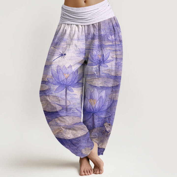 Buddha Stones Pantalon harem pour femme en pur coton, frais et élégant, à motif de fleur de lotus, feuille de lotus, libellule et grenouille, taille élastique. - Lavande - US16，UK/AU20，EU48 (3XL) - image 8