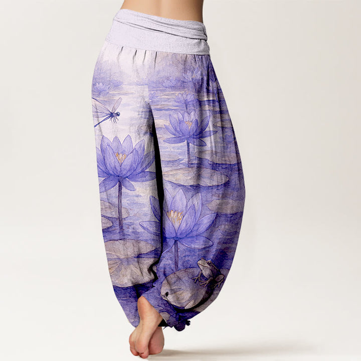 Buddha Stones Pantalon harem pour femme en pur coton, frais et élégant, à motif de fleur de lotus, feuille de lotus, libellule et grenouille, taille élastique. - image 9