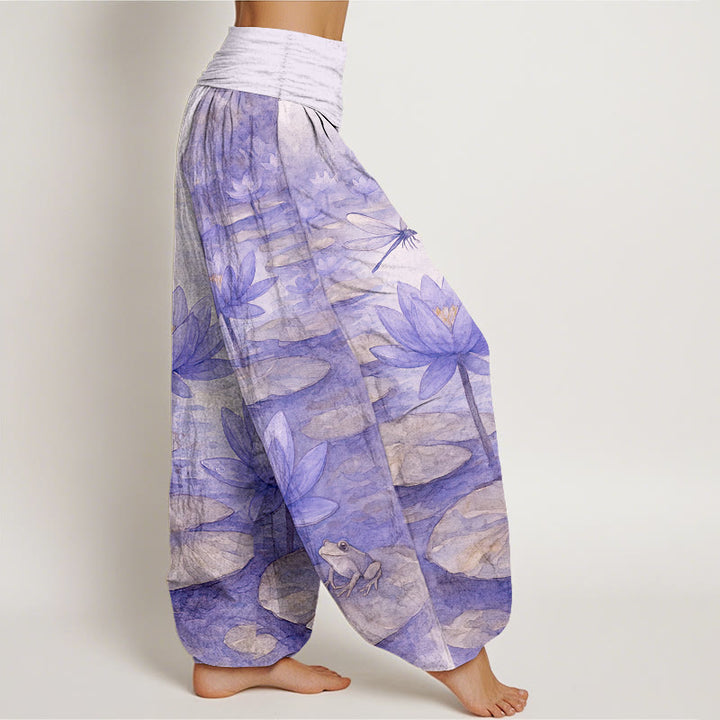Buddha Stones Pantalon harem pour femme en pur coton, frais et élégant, à motif de fleur de lotus, feuille de lotus, libellule et grenouille, taille élastique. - image 10