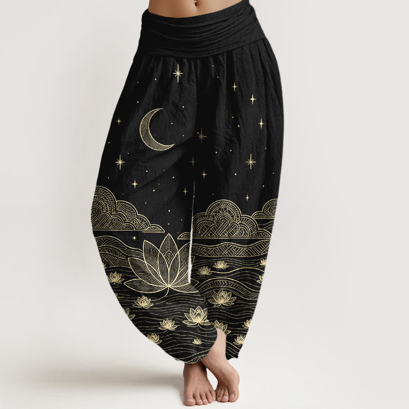 Buddha Stones Pantalon harem pour femme en pur coton, élégant, à taille élastique, motif lune, étoile, nuage et fleur de lotus. - Noir - US16，UK/AU20，EU48 (3XL) - image 0