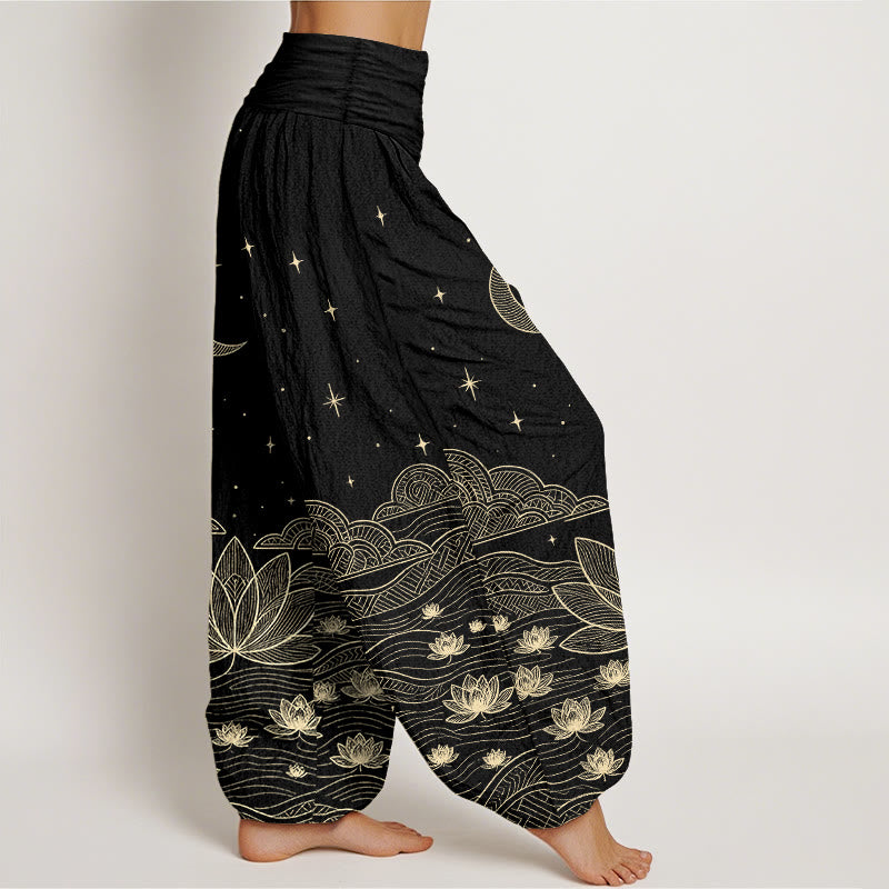 Buddha Stones Pantalon harem pour femme en pur coton, élégant, à taille élastique, motif lune, étoile, nuage et fleur de lotus. - image 2