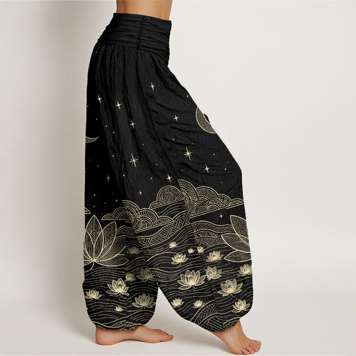 Buddha Stones Pantalon harem pour femme en pur coton, élégant, à taille élastique, motif lune, étoile, nuage et fleur de lotus. - image 2