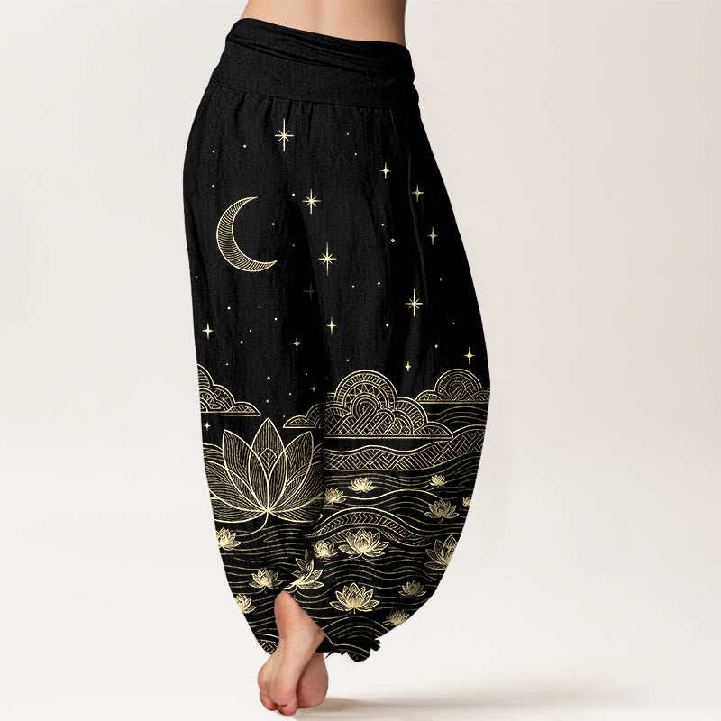 Buddha Stones Pantalon harem pour femme en pur coton, élégant, à taille élastique, motif lune, étoile, nuage et fleur de lotus. - image 1