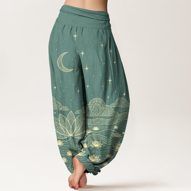 Buddha Stones Pantalon harem pour femme en pur coton, élégant, à taille élastique, motif lune, étoile, nuage et fleur de lotus. - image 6