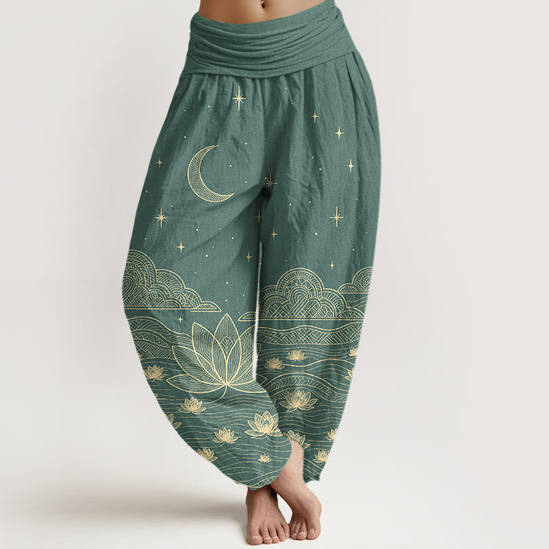 Buddha Stones Pantalon harem pour femme en pur coton, élégant, à taille élastique, motif lune, étoile, nuage et fleur de lotus. - Vert clair - US16，UK/AU20，EU48 (3XL) - image 5