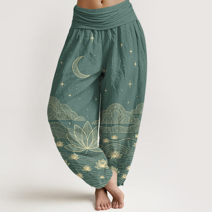 Buddha Stones Pantalon harem pour femme en pur coton, élégant, à taille élastique, motif lune, étoile, nuage et fleur de lotus. - Vert clair - US16，UK/AU20，EU48 (3XL) - image 5