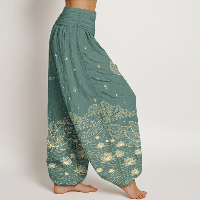 Buddha Stones Pantalon harem pour femme en pur coton, élégant, à taille élastique, motif lune, étoile, nuage et fleur de lotus. - image 7