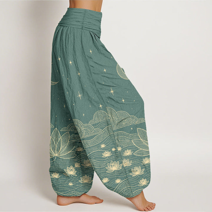 Buddha Stones Pantalon harem pour femme en pur coton, élégant, à taille élastique, motif lune, étoile, nuage et fleur de lotus. - image 7