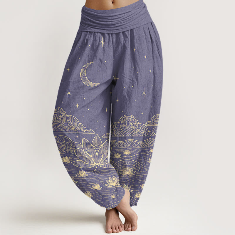 Buddha Stones Pantalon harem pour femme en pur coton, élégant, à taille élastique, motif lune, étoile, nuage et fleur de lotus. - Violet moyen - US16，UK/AU20，EU48 (3XL) - image 8