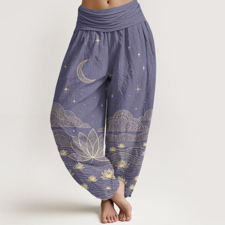 Buddha Stones Pantalon harem pour femme en pur coton, élégant, à taille élastique, motif lune, étoile, nuage et fleur de lotus. - Violet moyen - US16，UK/AU20，EU48 (3XL) - image 8