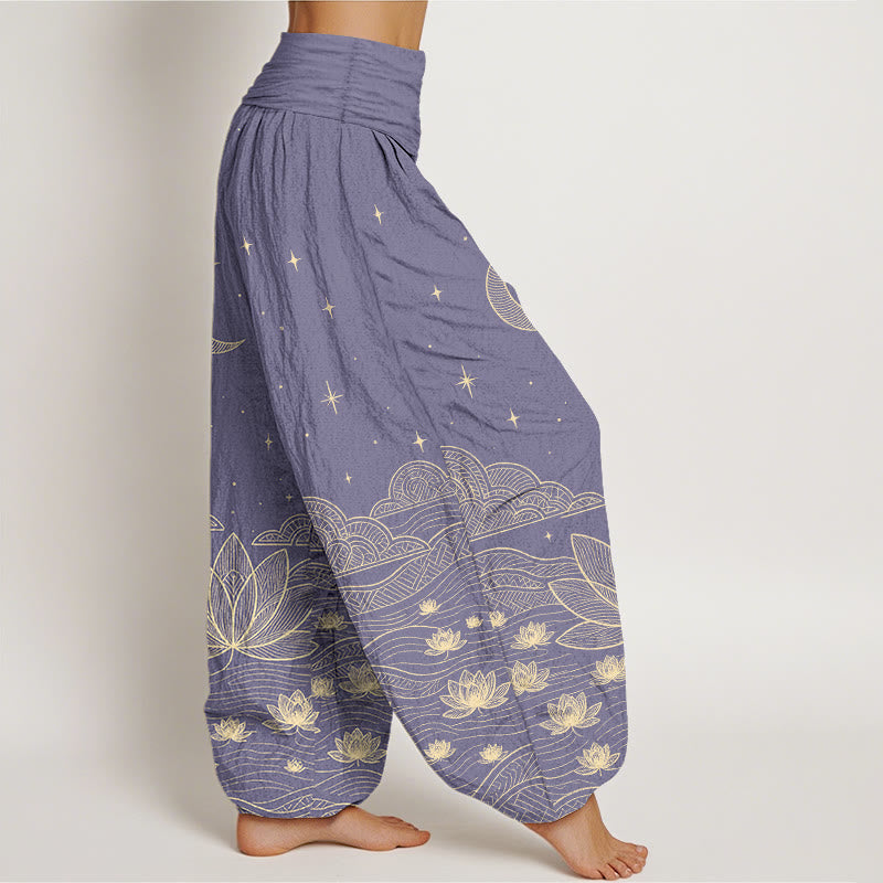 Buddha Stones Pantalon harem pour femme en pur coton, élégant, à taille élastique, motif lune, étoile, nuage et fleur de lotus. - image 10