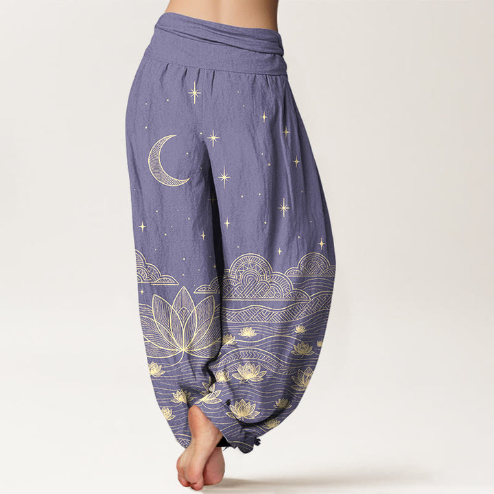 Buddha Stones Pantalon harem pour femme en pur coton, élégant, à taille élastique, motif lune, étoile, nuage et fleur de lotus. - image 9