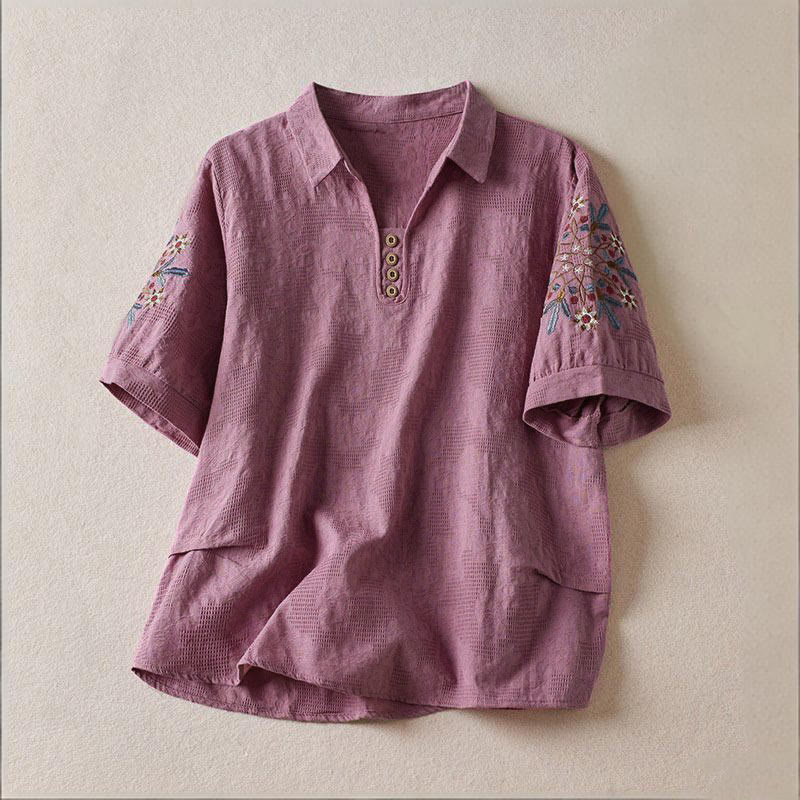 T-shirt à manches courtes pour femme avec revers à motif floral décontracté et Buddha Stones - Orchidée moyenne - US12，UK/AU16，EU44 (3XL) - image 0