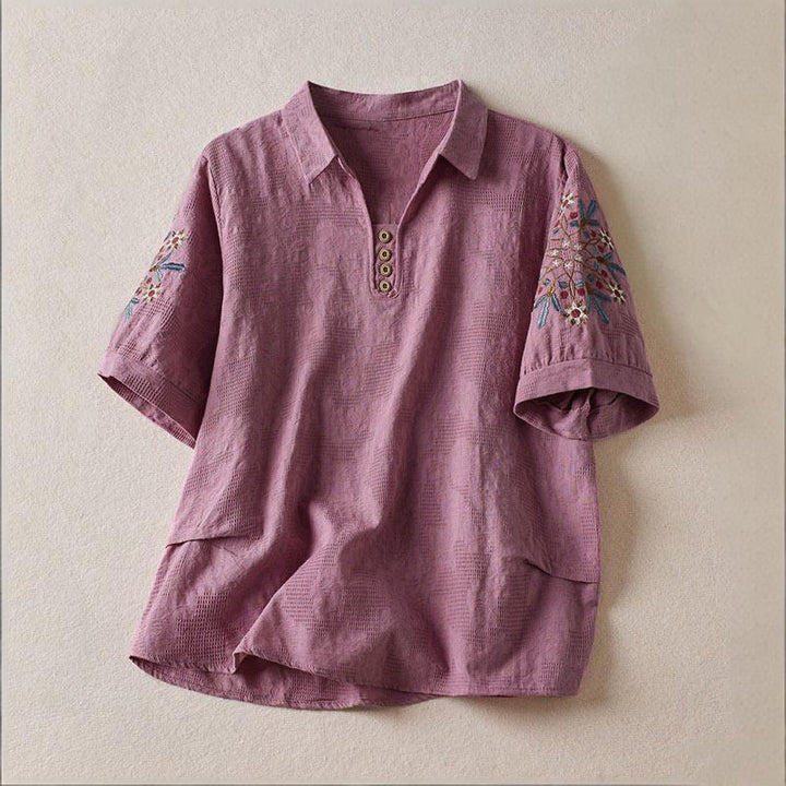 Buddha Stones T-shirt en coton pour femme à revers et motif floral décontracté - Orchidée moyenne - US12，UK/AU16，EU44 (3XL) - image 0