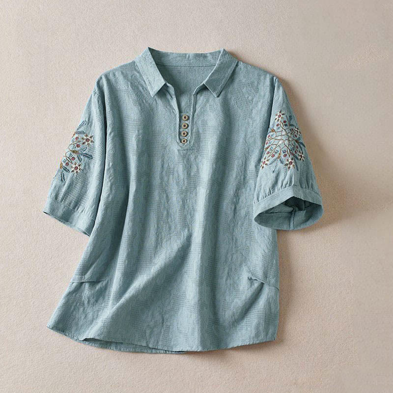Buddha Stones T-shirt en coton pour femme à revers et motif floral décontracté - Bleu ciel - US12，UK/AU16，EU44 (3XL) - image 8
