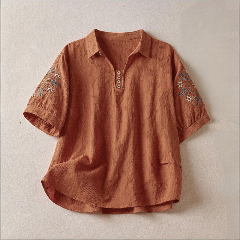 Buddha Stones T-shirt en coton pour femme à revers et motif floral décontracté - Chocolat - US12，UK/AU16，EU44 (3XL) - image 15