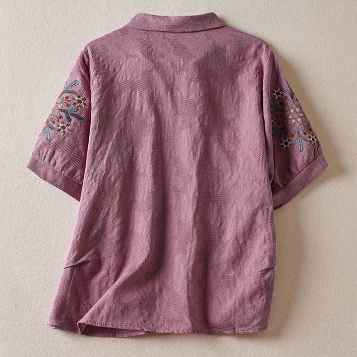 Buddha Stones T-shirt en coton pour femme à revers et motif floral décontracté - image 1