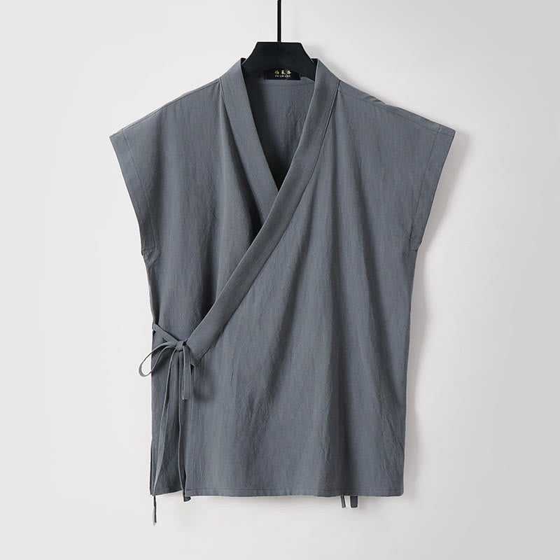 Buddha Stones Gilet sans manches d'été pour homme, col en V, couleur unie, en coton et lin - Gris - US/UK/AU56，EU66 (9XL) - image 0