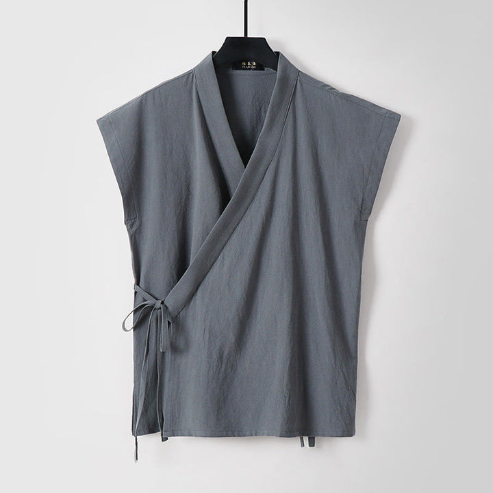 Buddha Stones Gilet sans manches d'été pour homme, col en V, couleur unie, en coton et lin - Gris - US/UK/AU56，EU66 (9XL) - image 0