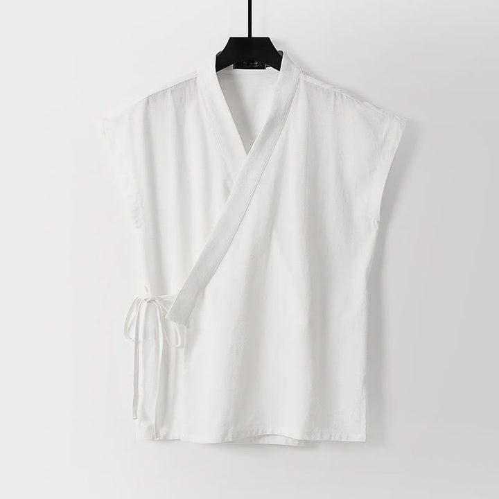 Buddha Stones Gilet sans manches d'été pour homme, col en V, couleur unie, en coton et lin - Blanc - US/UK/AU56，EU66 (9XL) - image 2