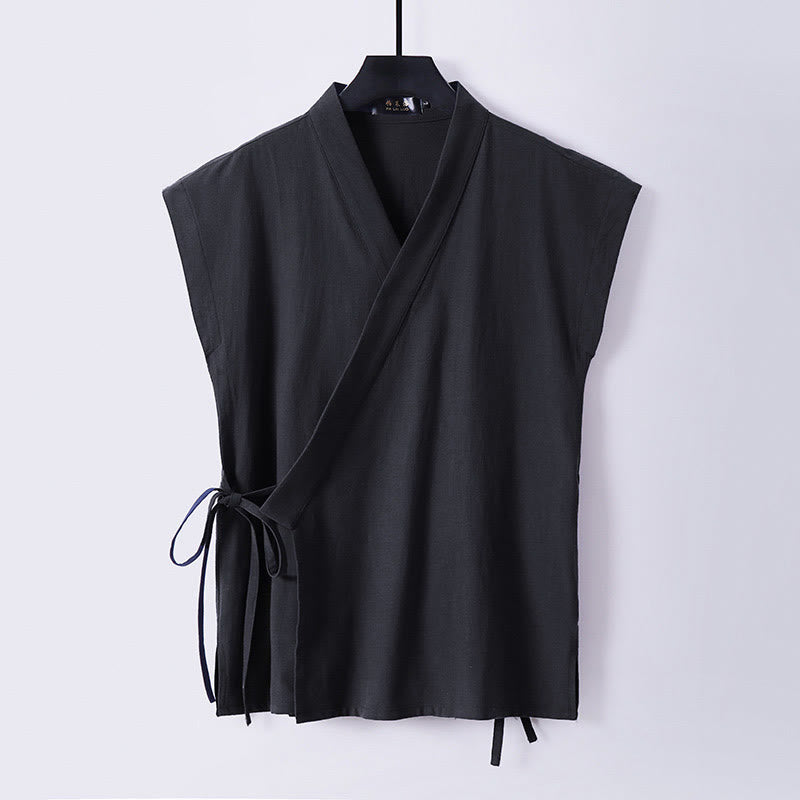 Buddha Stones Gilet sans manches d'été pour homme, col en V, couleur unie, en coton et lin - Noir - US/UK/AU56，EU66 (9XL) - image 4