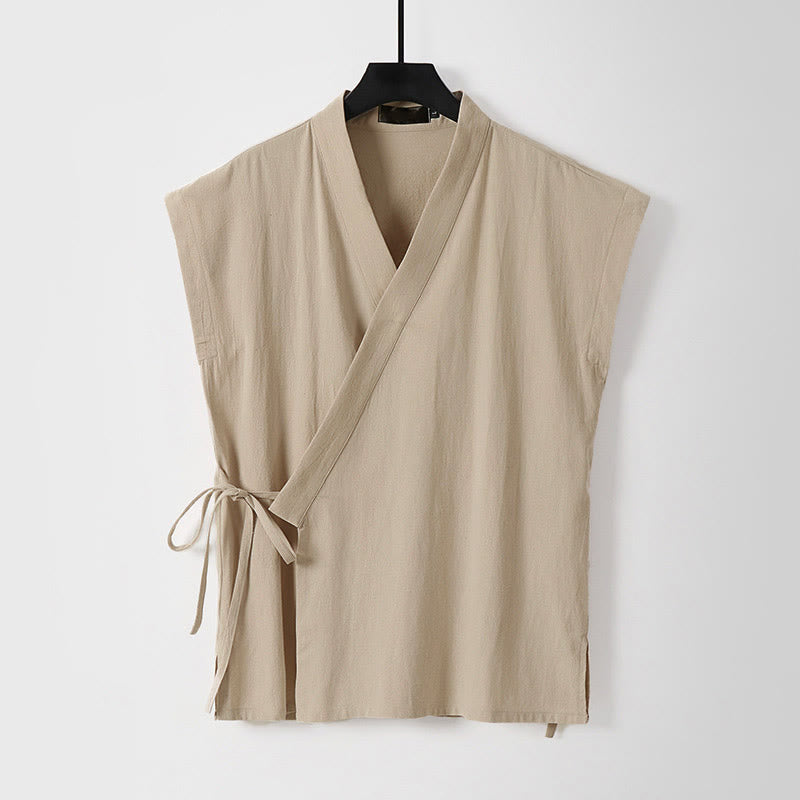 Buddha Stones Gilet sans manches d'été pour homme, col en V, couleur unie, en coton et lin - Blé - US/UK/AU56，EU66 (9XL) - image 6