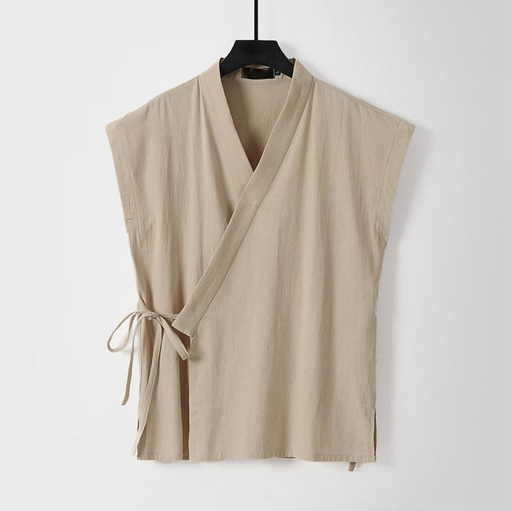 Buddha Stones Gilet sans manches d'été pour homme, col en V, couleur unie, en coton et lin - Blé - US/UK/AU56，EU66 (9XL) - image 6