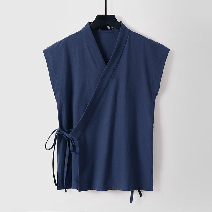 Buddha Stones Gilet sans manches d'été pour homme, col en V, couleur unie, en coton et lin - Marine - US/UK/AU56，EU66 (9XL) - image 15