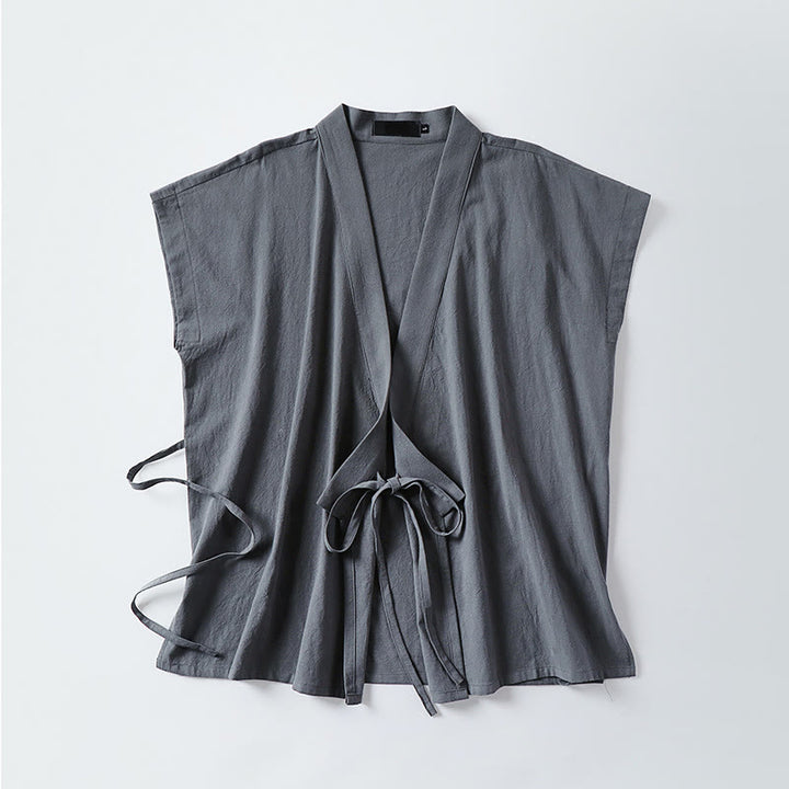 Buddha Stones Gilet sans manches d'été pour homme, col en V, couleur unie, en coton et lin - image 1