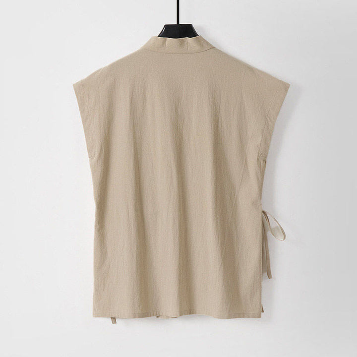 Buddha Stones Gilet sans manches d'été pour homme, col en V, couleur unie, en coton et lin - image 8