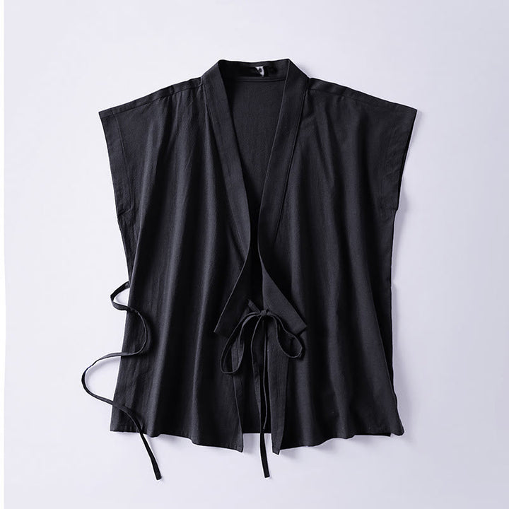 Buddha Stones Gilet sans manches d'été pour homme, col en V, couleur unie, en coton et lin - image 5