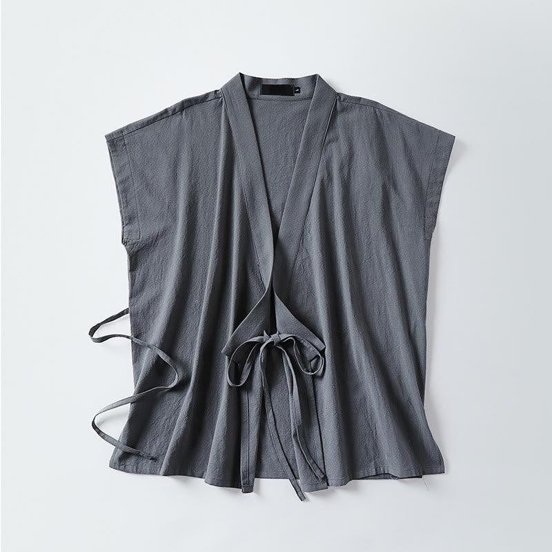 Buddha Stones Gilet sans manches d'été pour homme, col en V, couleur unie, en coton et lin - image 1