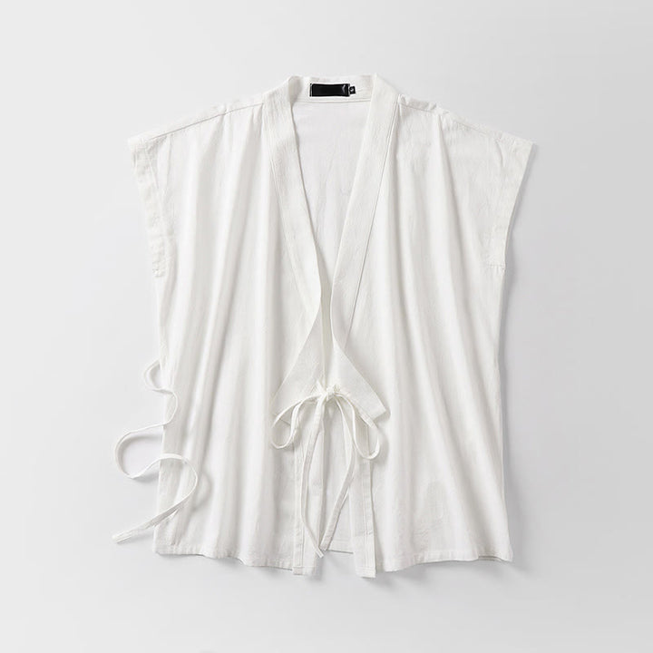 Buddha Stones Gilet sans manches d'été pour homme, col en V, couleur unie, en coton et lin - image 3