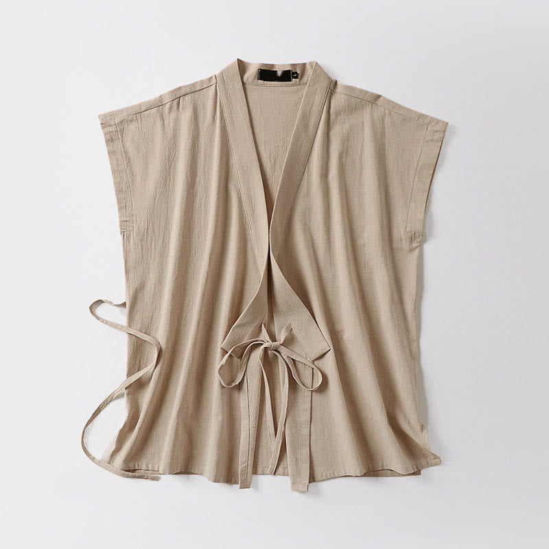 Buddha Stones Gilet sans manches d'été pour homme, col en V, couleur unie, en coton et lin - image 7