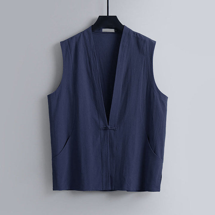 Buddha Stones Gilet sans manches d'été pour homme en coton et lin, col en V, couleur unie, fermeture à boutons brandebourg. - Marine - US/UK/AU54，EU64 (9XL) - image 0